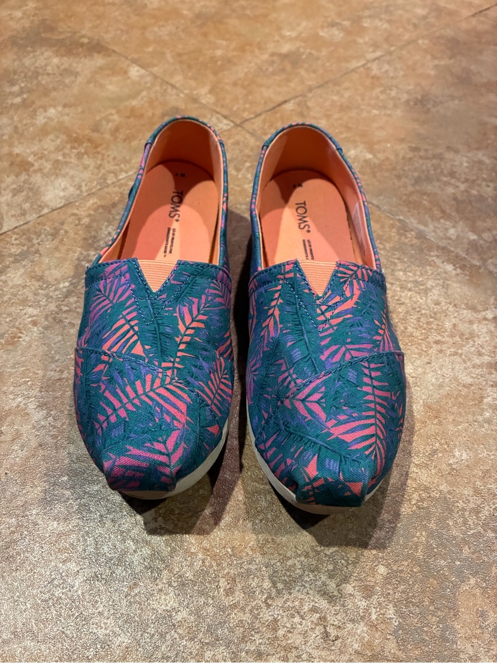 TOMS Teal and Pink Tropical Print Slip-On Flats